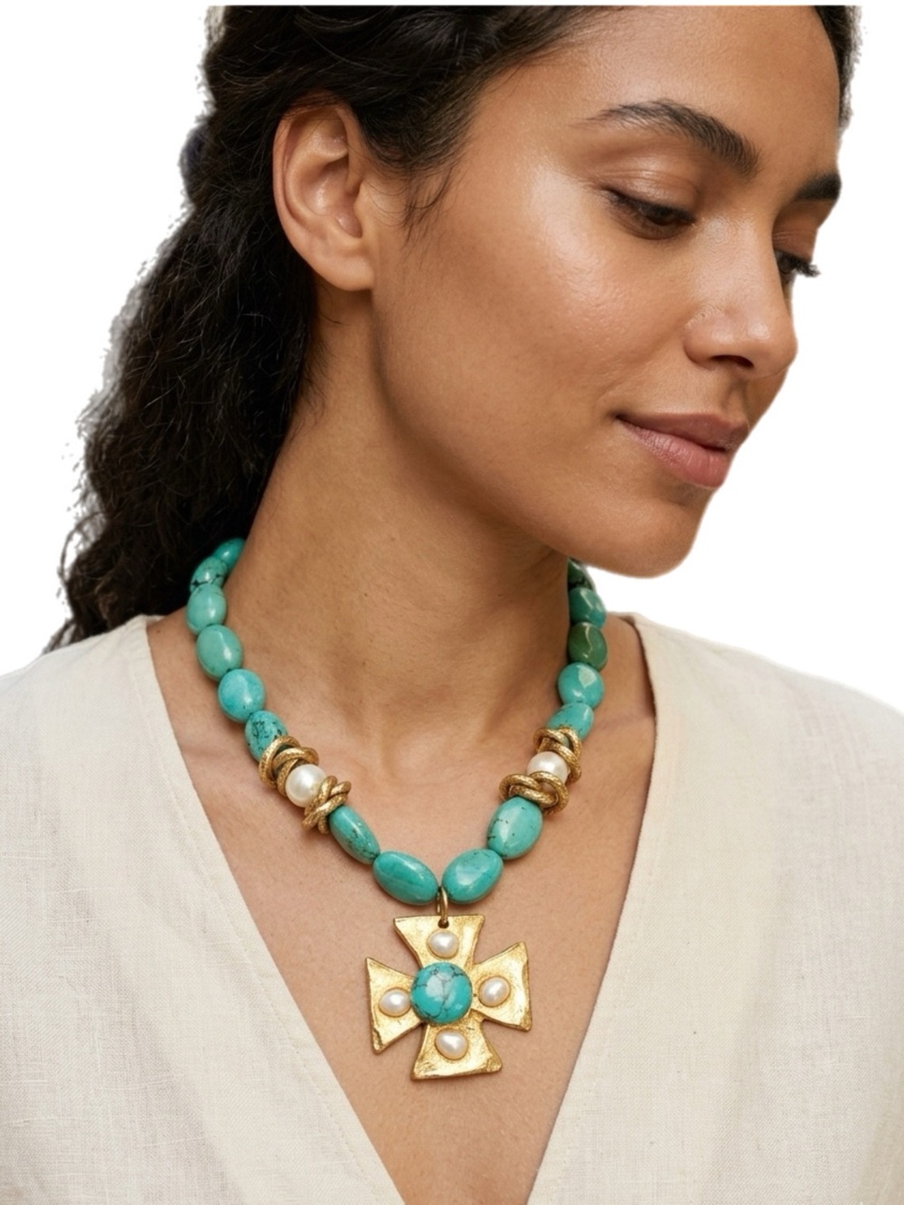 Genuine Turquoise and Gold Tone Necklace with Cross Pendant